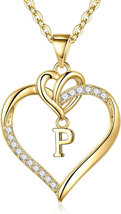 Heart Initial Necklaces for Women Girls, 14K Gold Plated Cubic Zirconia Heart Initial A-Z Pendant Necklace Dainty Heart Necklaces for Women Teen Girl Jewelry Birthday Gifts