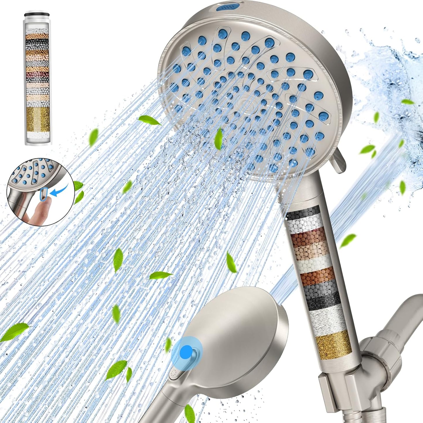 Filtered Shower Head with Handheld, High Pressure 6 Spray Mode Showerhead with Filters, Water Softener Filters Beads for Hard Water - Remove Chlorine - Reduces Dry Itchy Skin, Chrome