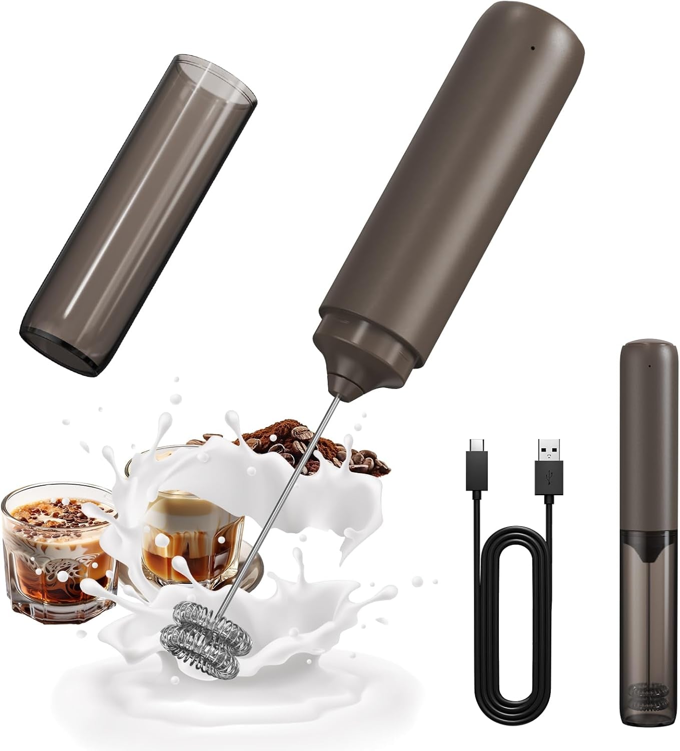 Rechargeable Milk Frother Hanheld, Dual Spring Whisk Electric Coffee Frother, Portable Hand Frother Wand Drink Mixer for Matcha Lattes Cappuccino, Kitchen Gifts, Black