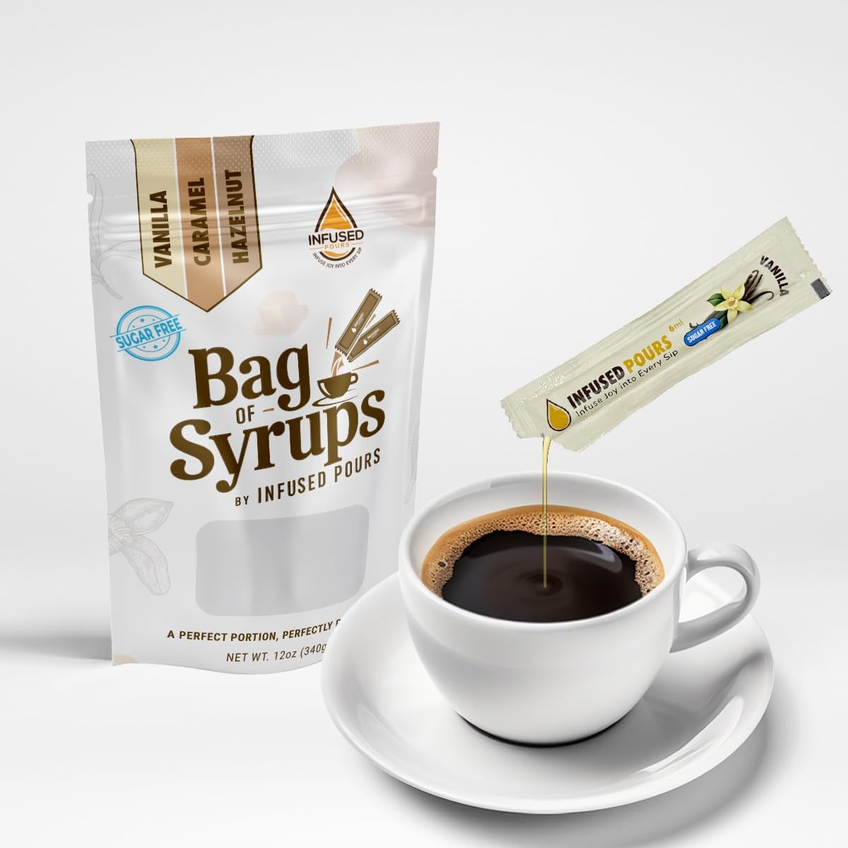 Single Serving Syrup Packets, Variety Pack, for Coffee and Cocktails - Flavors (10 Each): Vanilla, Caramel, Hazelnut - 6Ml Each, 30 Count - Bag of Syrups by