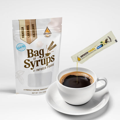Single Serving Syrup Packets, Variety Pack, for Coffee and Cocktails - Flavors (10 Each): Vanilla, Caramel, Hazelnut - 6Ml Each, 30 Count - Bag of Syrups by