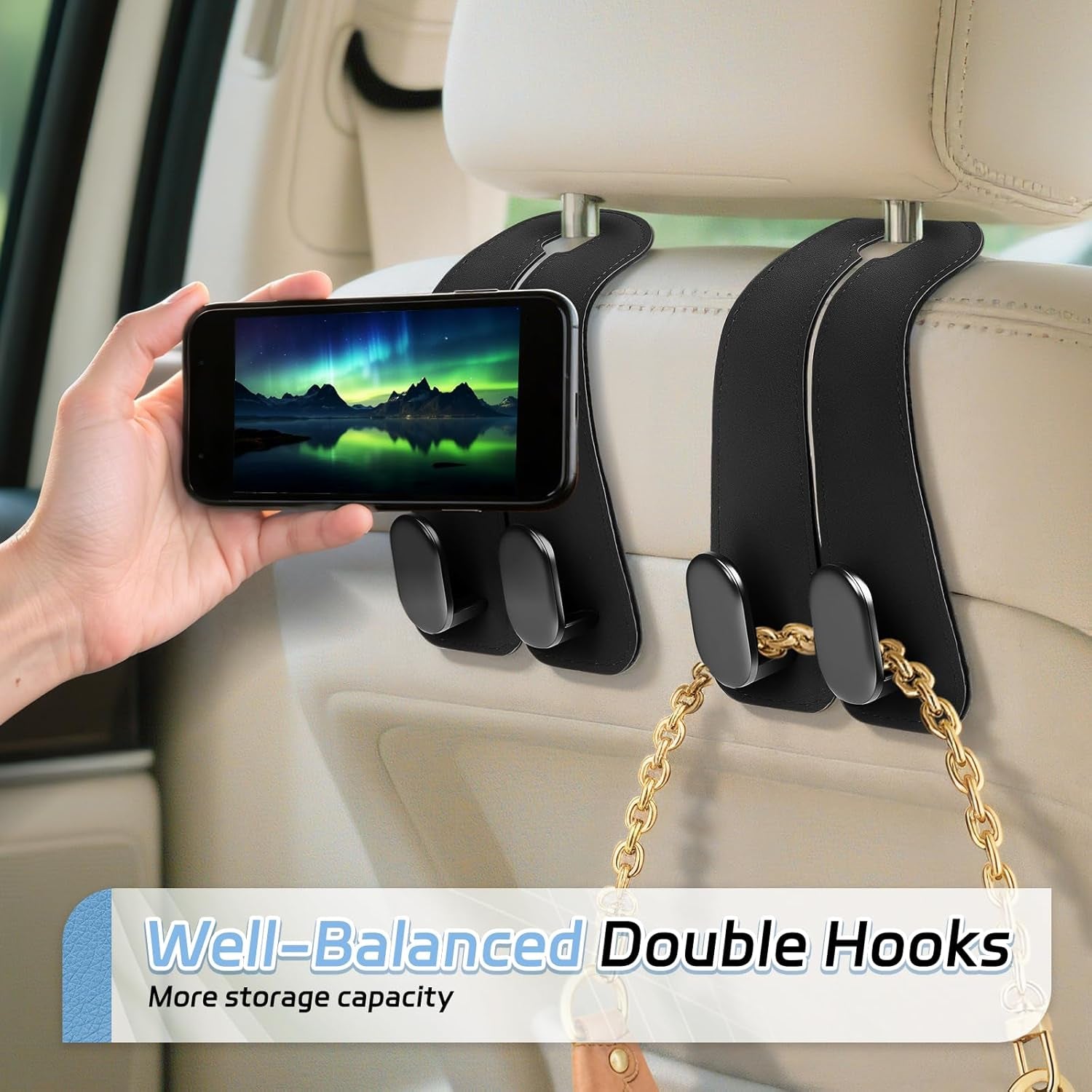 Car Seat Headrest Hooks - 2 Pack Universal Car Purse Hook, Leather Car Bag Purse Holder with Double Metal Hooks for Handbags, Grocery Bags, Bottles, Phones