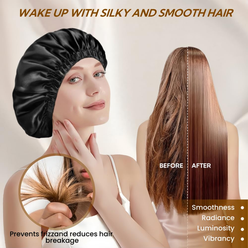 Satin Bonnet Silk Bonnet for Sleeping Women and Men, Ajustable Hair Bonnet for Curly Hair with Double Layer Hair Bonnet,Black - Black,Medium