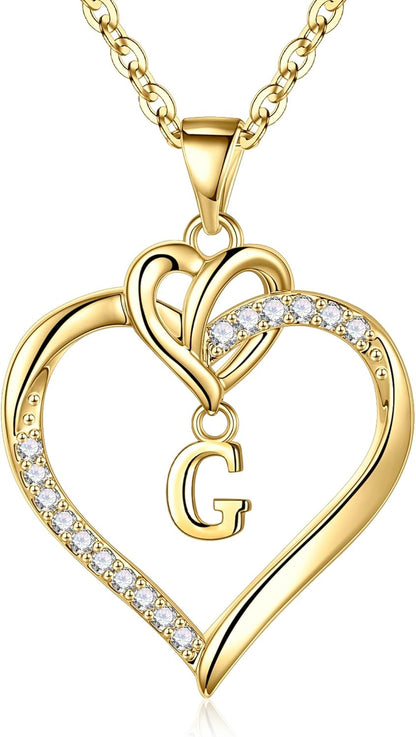 Heart Initial Necklaces for Women Girls, 14K Gold Plated Cubic Zirconia Heart Initial A-Z Pendant Necklace Dainty Heart Necklaces for Women Teen Girl Jewelry Birthday Gifts