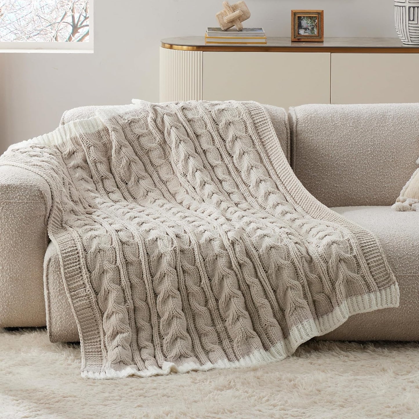 Cable Knit Throw Blanket for Couch Bed - Breathable Chenille Chunky Knit Throw Blanket for Decorative Gift, Gentlesoft Cozy and Warm for Winter and All Seasons, Beige, 50X60 Inches