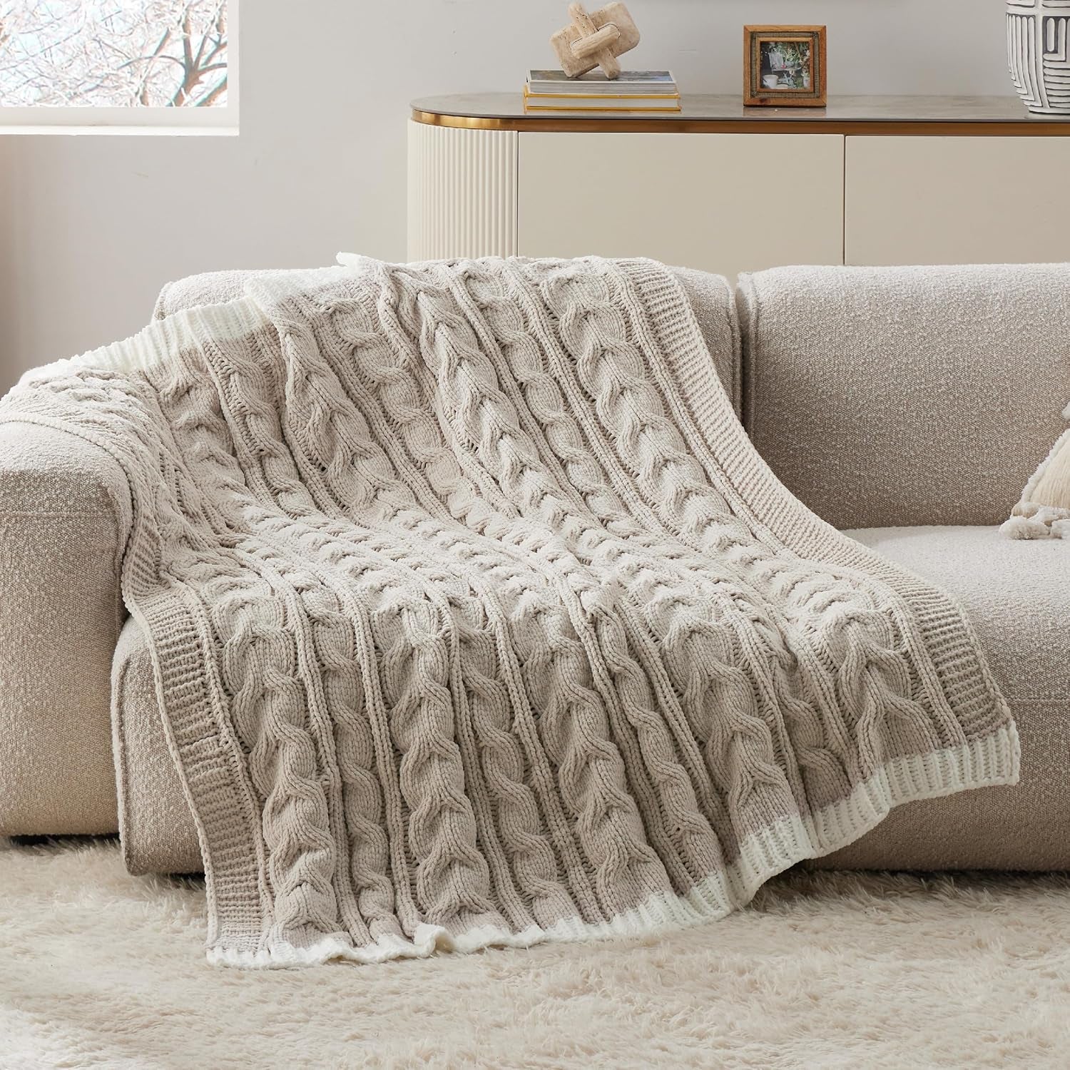 Cable Knit Throw Blanket for Couch Bed - Breathable Chenille Chunky Knit Throw Blanket for Decorative Gift, Gentlesoft Cozy and Warm for Winter and All Seasons, Beige, 50X60 Inches