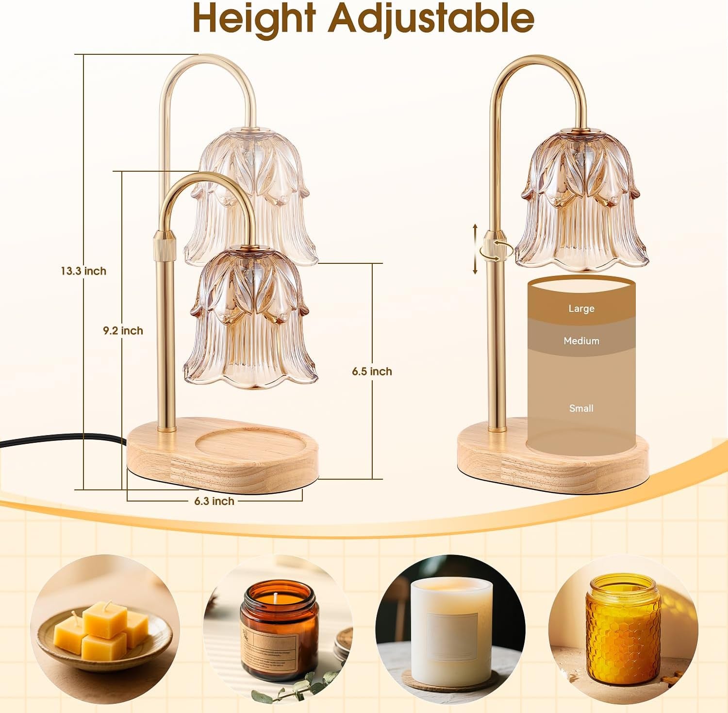 Candle Warmer Lamp Adjustable Timer - Electric Flower Glass Candles Warmers Adjustable Height Dimmable Vintage Base Modern Wax Candles Top Warmers for Small Jar Scented Wax Melts