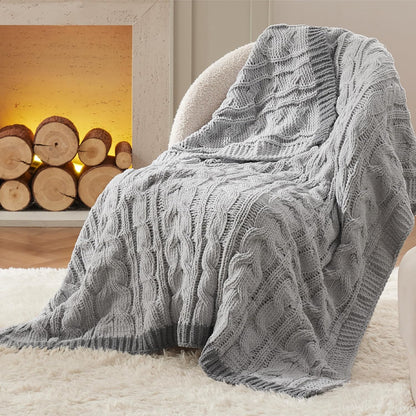 Cable Knit Throw Blanket for Couch Bed - Breathable Chenille Chunky Knit Throw Blanket for Decorative Gift, Gentlesoft Cozy and Warm for Winter and All Seasons, Beige, 50X60 Inches