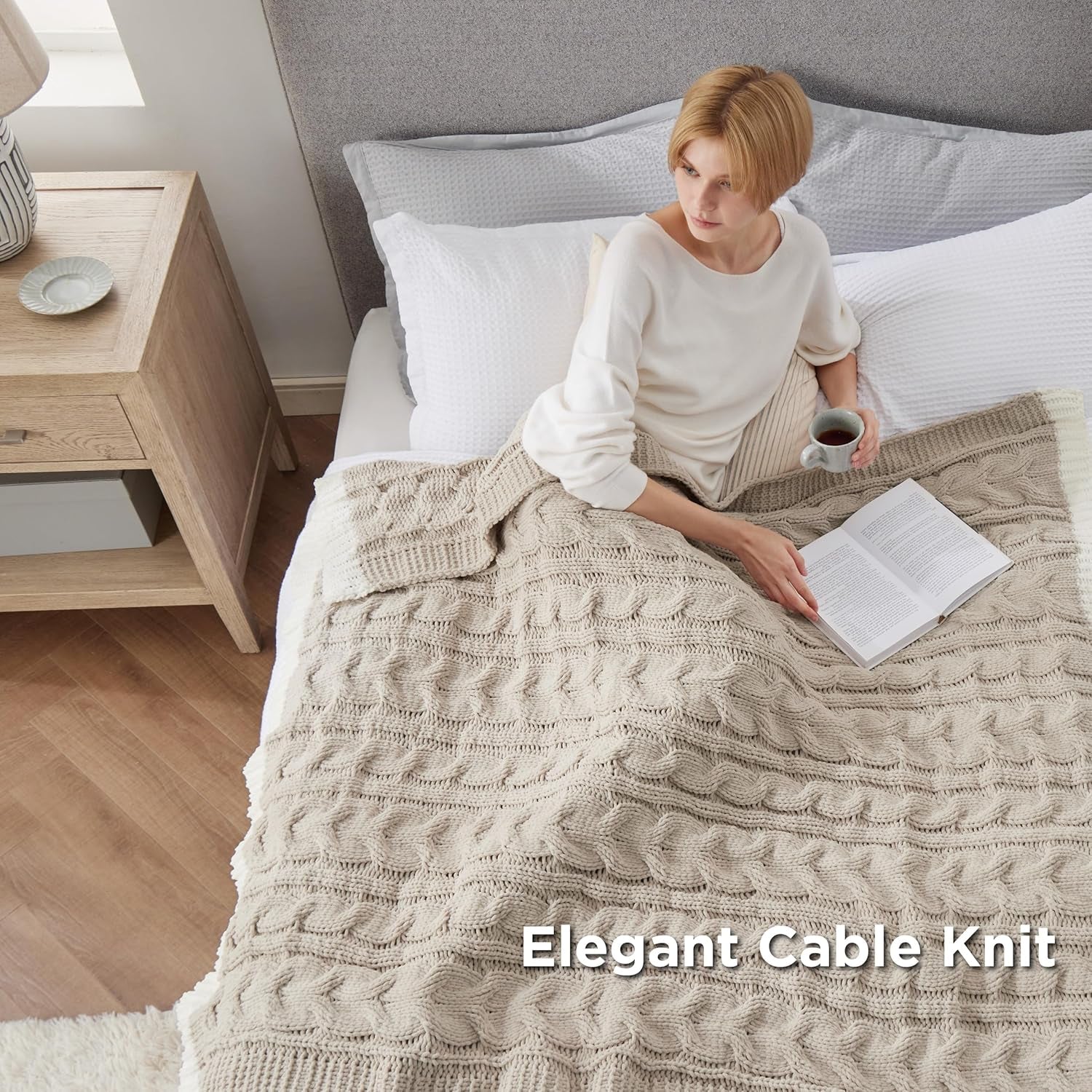 Cable Knit Throw Blanket for Couch Bed - Breathable Chenille Chunky Knit Throw Blanket for Decorative Gift, Gentlesoft Cozy and Warm for Winter and All Seasons, Beige, 50X60 Inches