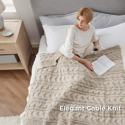 Cable Knit Throw Blanket for Couch Bed - Breathable Chenille Chunky Knit Throw Blanket for Decorative Gift, Gentlesoft Cozy and Warm for Winter and All Seasons, Beige, 50X60 Inches