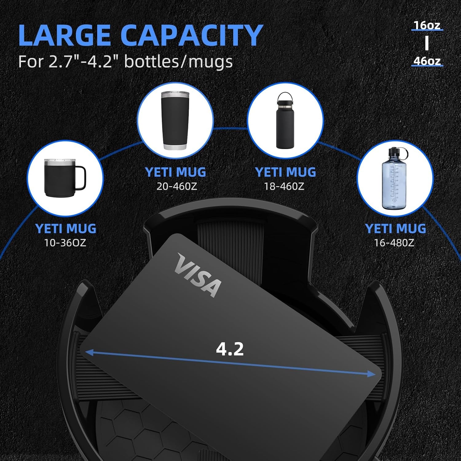 Car Cup Holder Expander, Cup Holder Extender Adapter for Car with Expandable Base, Fits Yeti 20/26/30/46Oz, Hydroflask 32/40Oz, Large Water Bottles in 2.8"-4.2" (16-46Oz)