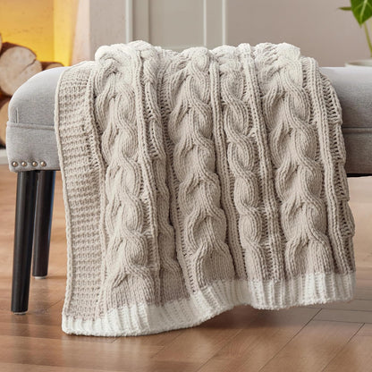 Cable Knit Throw Blanket for Couch Bed - Breathable Chenille Chunky Knit Throw Blanket for Decorative Gift, Gentlesoft Cozy and Warm for Winter and All Seasons, Beige, 50X60 Inches