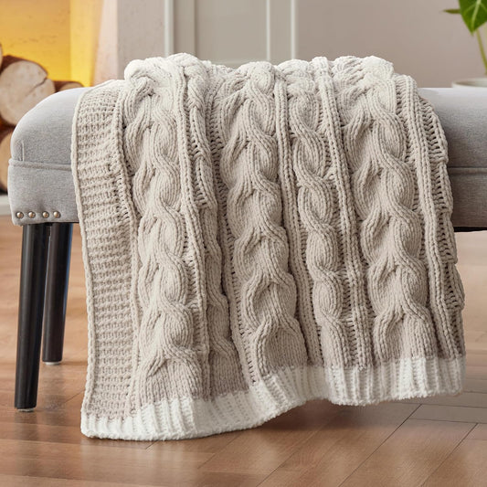 Cable Knit Throw Blanket for Couch Bed - Breathable Chenille Chunky Knit Throw Blanket for Decorative Gift, Gentlesoft Cozy and Warm for Winter and All Seasons, Beige, 50X60 Inches