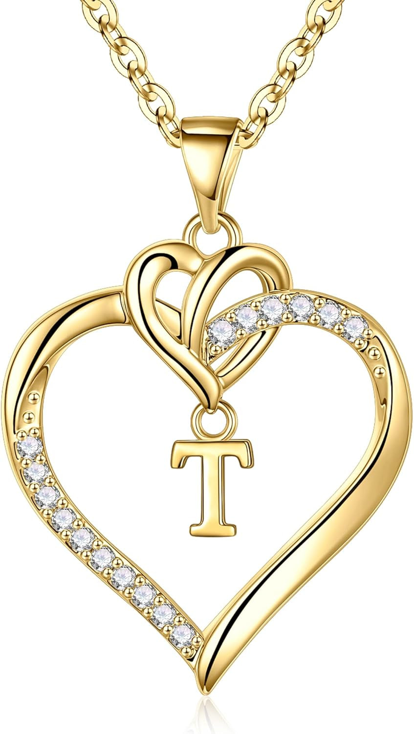 Heart Initial Necklaces for Women Girls, 14K Gold Plated Cubic Zirconia Heart Initial A-Z Pendant Necklace Dainty Heart Necklaces for Women Teen Girl Jewelry Birthday Gifts