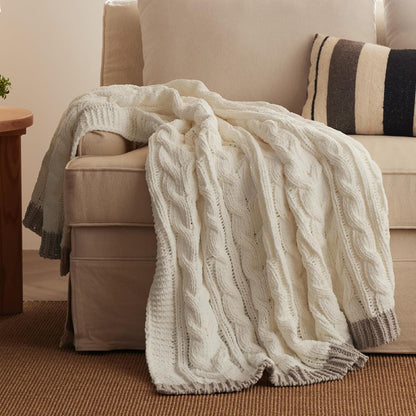 Cable Knit Throw Blanket for Couch Bed - Breathable Chenille Chunky Knit Throw Blanket for Decorative Gift, Gentlesoft Cozy and Warm for Winter and All Seasons, Beige, 50X60 Inches