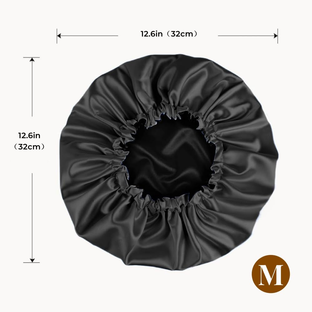 Satin Bonnet Silk Bonnet for Sleeping Women and Men, Ajustable Hair Bonnet for Curly Hair with Double Layer Hair Bonnet,Black - Black,Medium