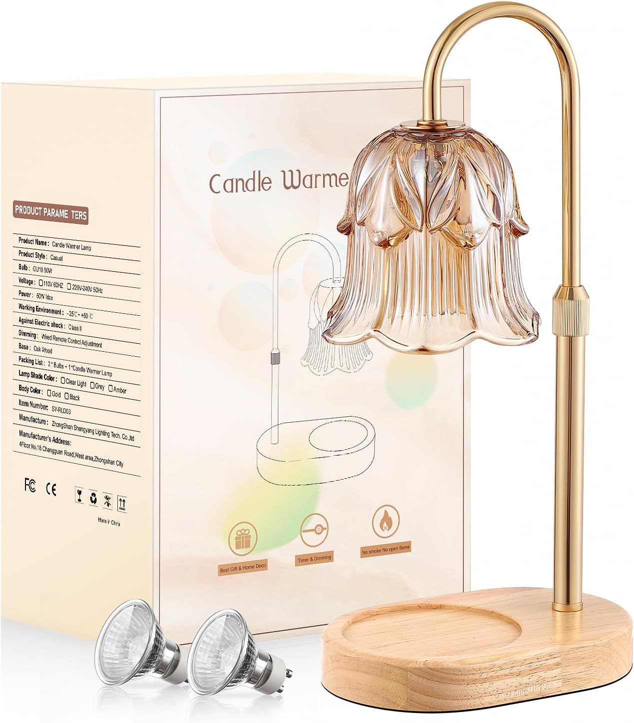 Candle Warmer Lamp Adjustable Timer - Electric Flower Glass Candles Warmers Adjustable Height Dimmable Vintage Base Modern Wax Candles Top Warmers for Small Jar Scented Wax Melts