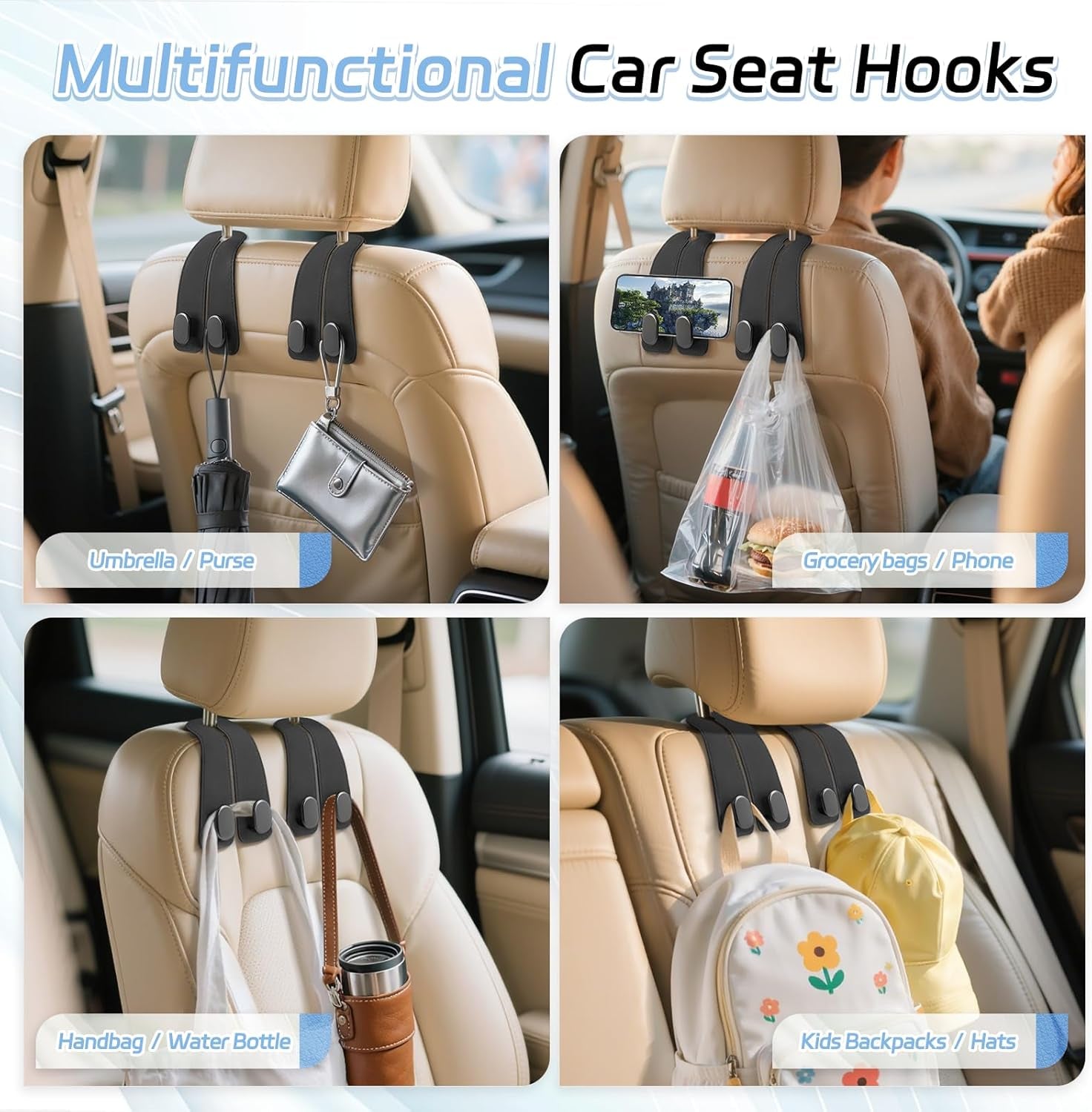 Car Seat Headrest Hooks - 2 Pack Universal Car Purse Hook, Leather Car Bag Purse Holder with Double Metal Hooks for Handbags, Grocery Bags, Bottles, Phones