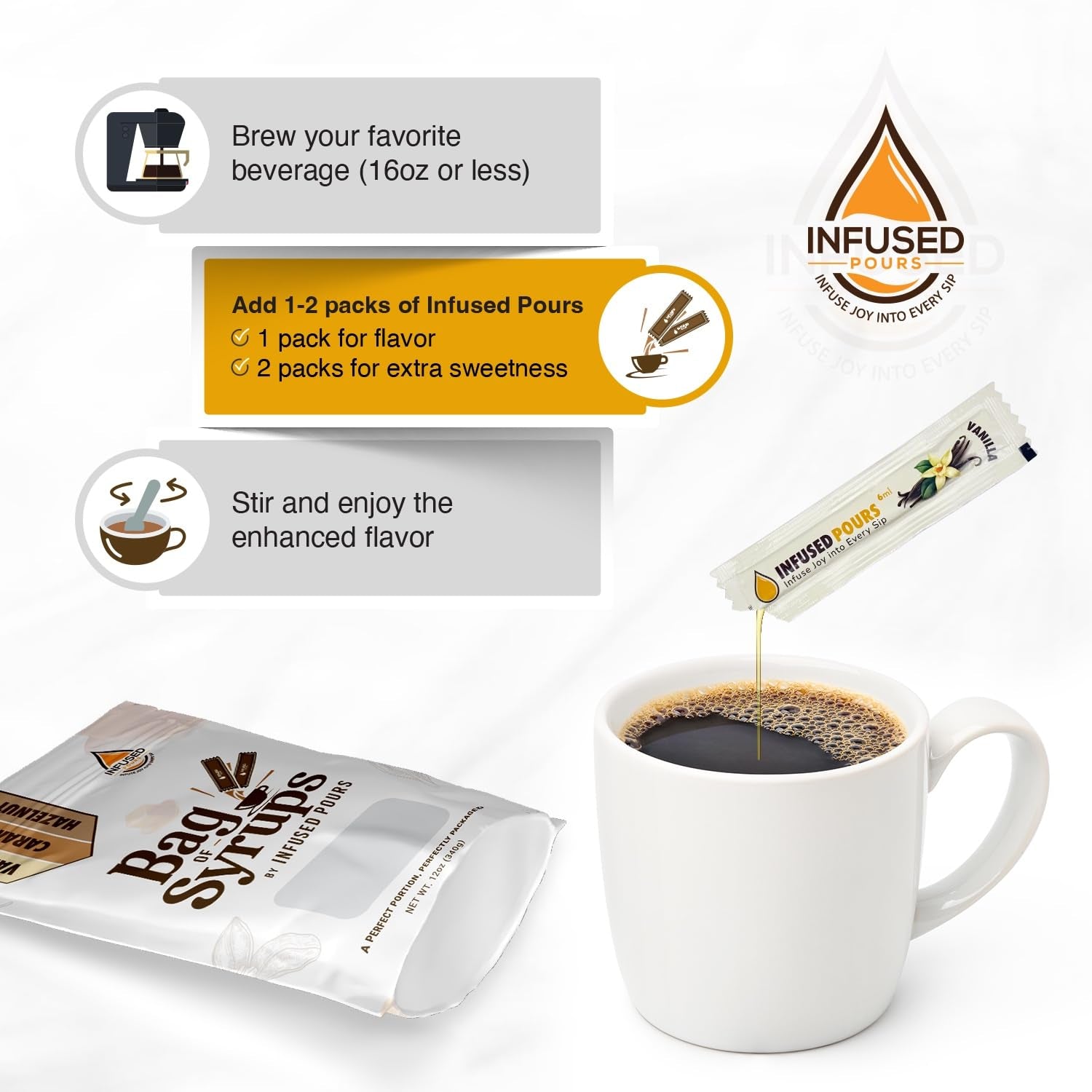 Single Serving Syrup Packets, Variety Pack, for Coffee and Cocktails - Flavors (10 Each): Vanilla, Caramel, Hazelnut - 6Ml Each, 30 Count - Bag of Syrups by