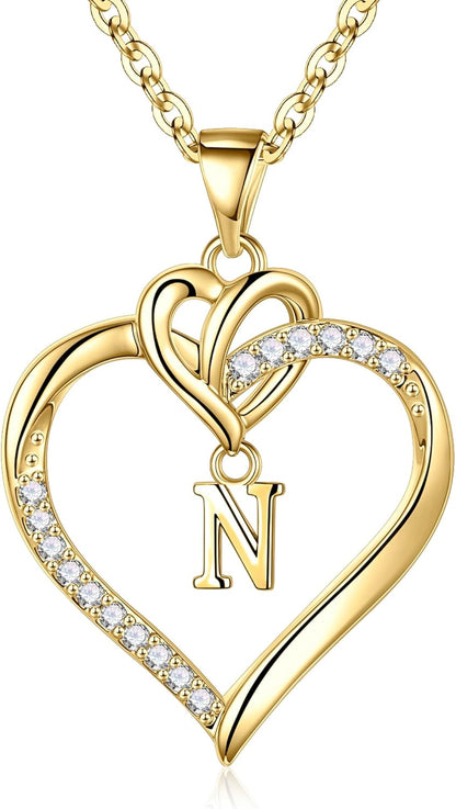 Heart Initial Necklaces for Women Girls, 14K Gold Plated Cubic Zirconia Heart Initial A-Z Pendant Necklace Dainty Heart Necklaces for Women Teen Girl Jewelry Birthday Gifts