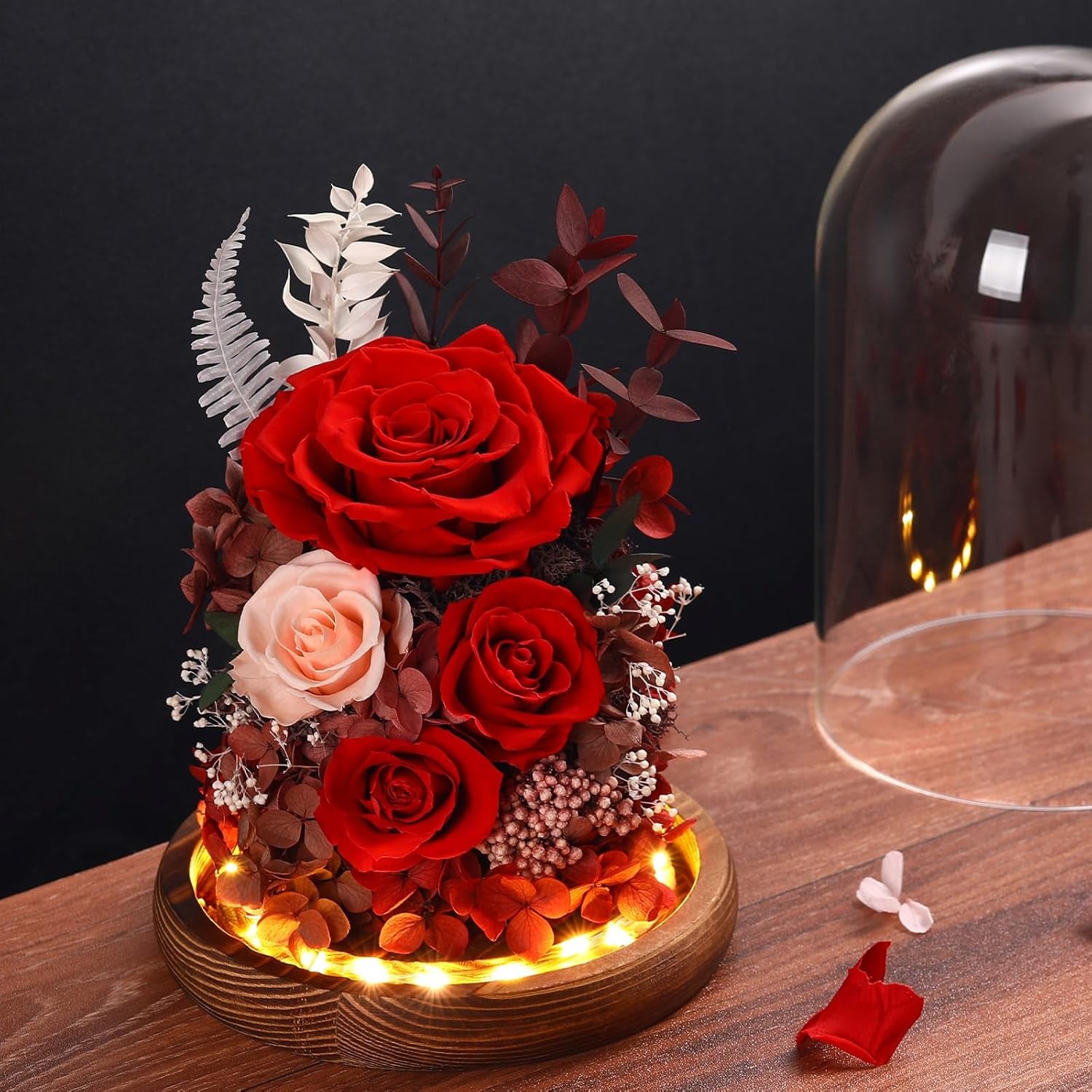 Forever Preserved Real Flowers for Delivery Prime, Etneral Fresh Roses in Glass Dome with LED Lights, Mothers Day Gifts for Mom, Her, Wife, Grandma, Daughter, Women, Girlfriend, Red