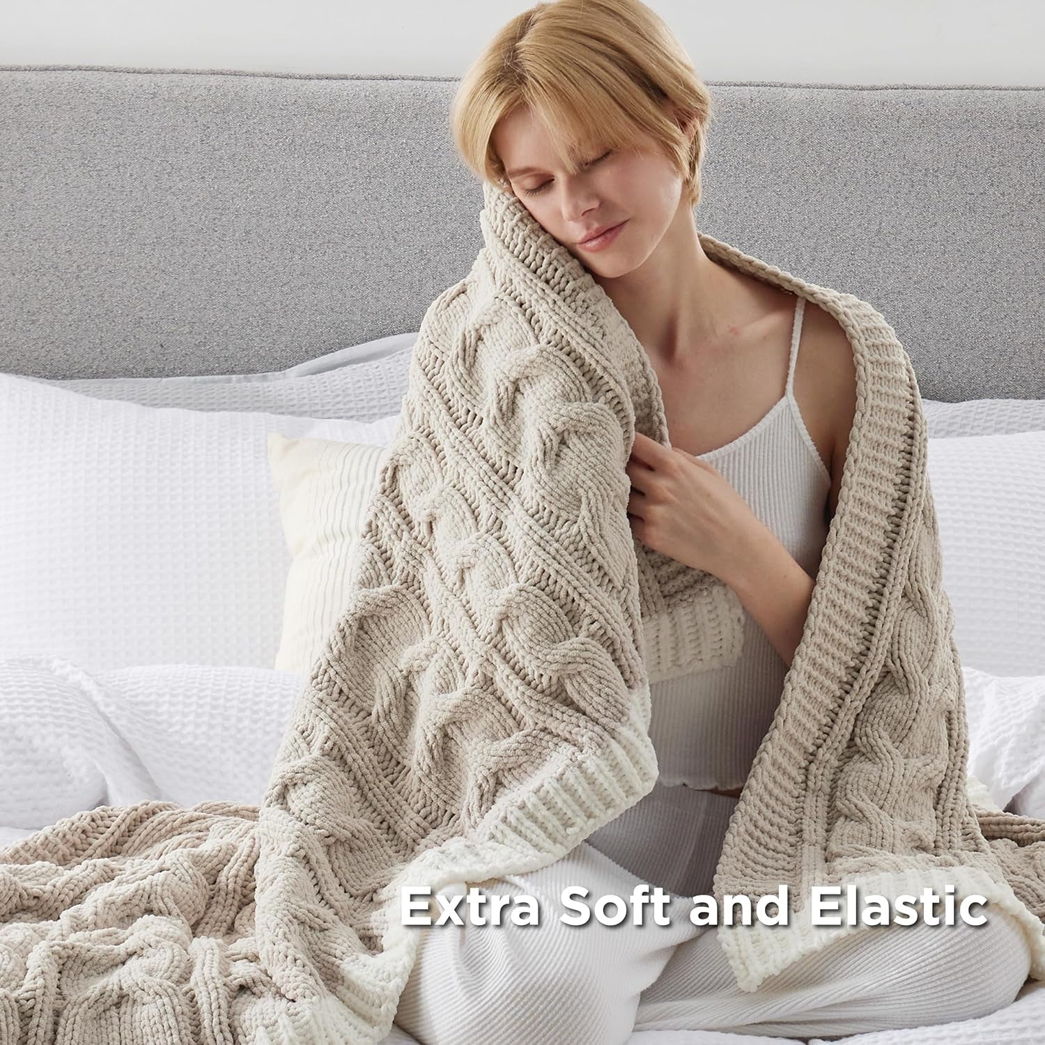Cable Knit Throw Blanket for Couch Bed - Breathable Chenille Chunky Knit Throw Blanket for Decorative Gift, Gentlesoft Cozy and Warm for Winter and All Seasons, Beige, 50X60 Inches