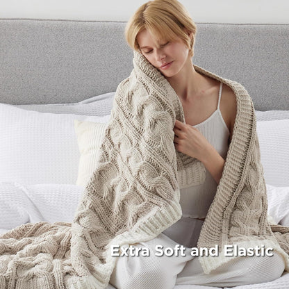 Cable Knit Throw Blanket for Couch Bed - Breathable Chenille Chunky Knit Throw Blanket for Decorative Gift, Gentlesoft Cozy and Warm for Winter and All Seasons, Beige, 50X60 Inches