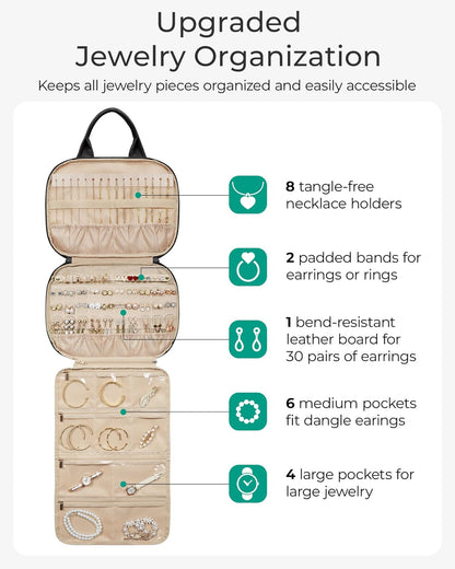 Jewelry Travel Case, Hanging Jewelry Organizer with Zipper Pockets, Large Capacity Puffy Jewelry Roll for Earrings, Necklaces, Rings on Closet, Wall, Door, Portable Travel Essentials, Black