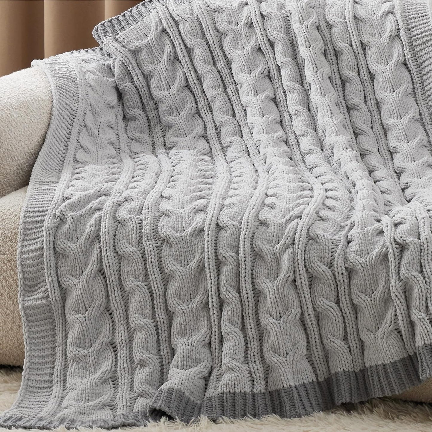 Cable Knit Throw Blanket for Couch Bed - Breathable Chenille Chunky Knit Throw Blanket for Decorative Gift, Gentlesoft Cozy and Warm for Winter and All Seasons, Beige, 50X60 Inches