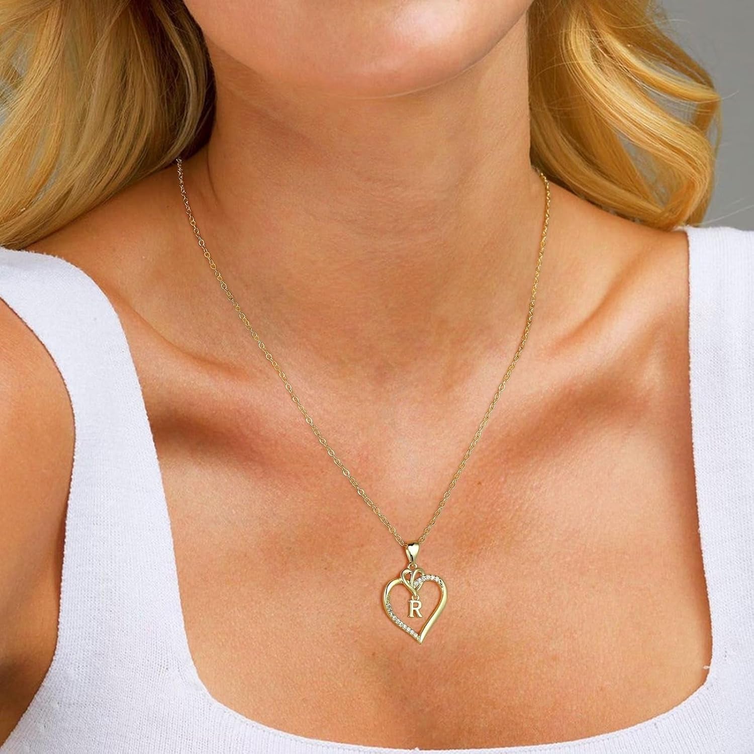 Heart Initial Necklaces for Women Girls, 14K Gold Plated Cubic Zirconia Heart Initial A-Z Pendant Necklace Dainty Heart Necklaces for Women Teen Girl Jewelry Birthday Gifts