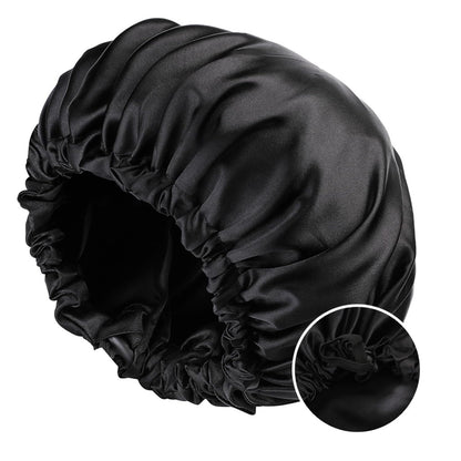 Satin Bonnet Silk Bonnet for Sleeping Women and Men, Ajustable Hair Bonnet for Curly Hair with Double Layer Hair Bonnet,Black - Black,Medium